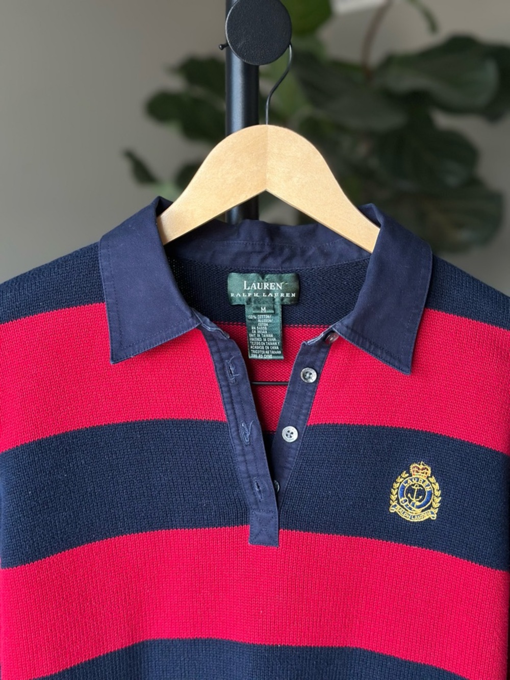 Lauren Ralph Lauren Women’s Cotton Red Navy Blue Striped Collar Long Sleeve